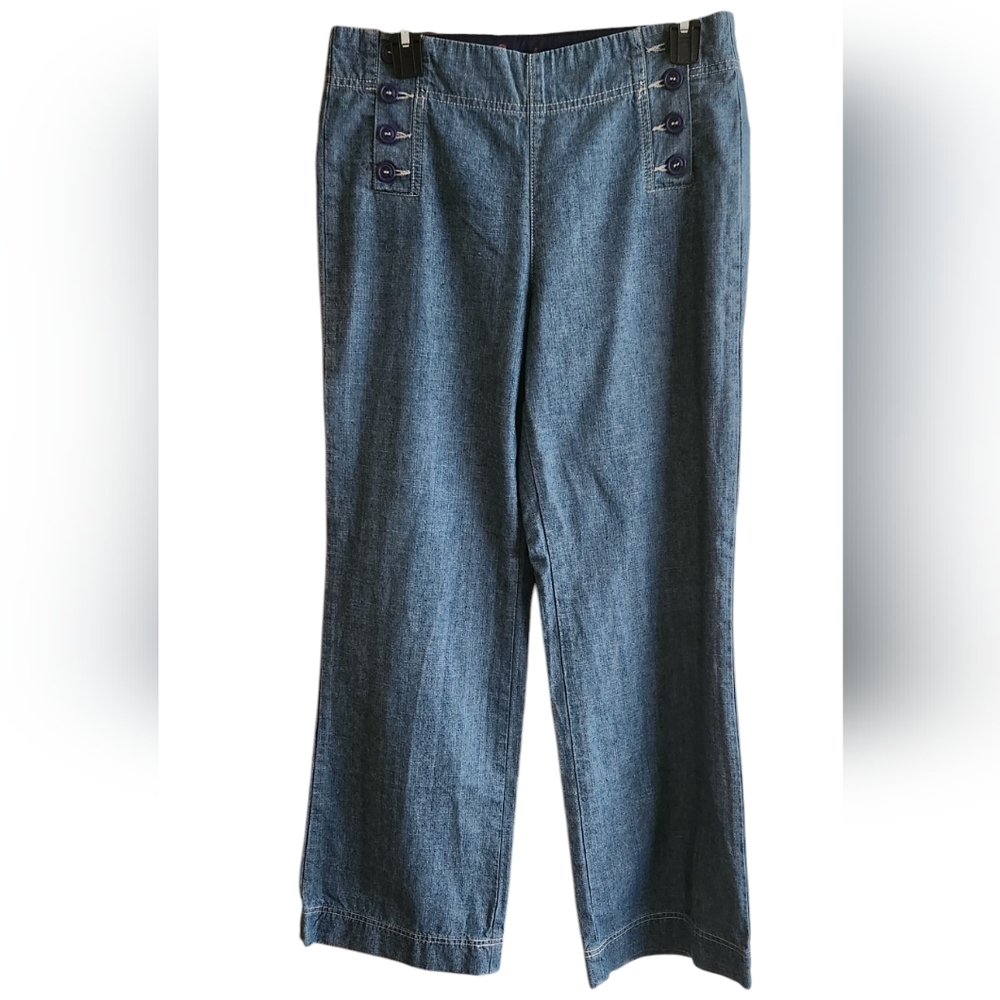 Boden Wide Leg Pants in Denim Blue with Navy Button Accents